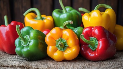 Colorful bell peppers arranged on a burlap surface in a rustic setting