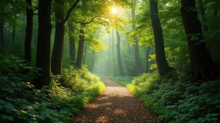 Obraz premium Sunlit Path Through a Dense Forest
