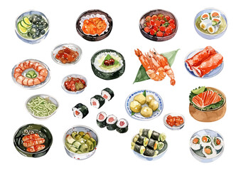Asian Food Watercolor Illustration Collection. isolated white background