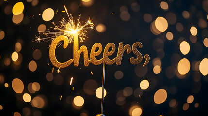 A close-up of a golden sparkler cake topper spelling out Cheers glowing against a dark background with bokeh lights.