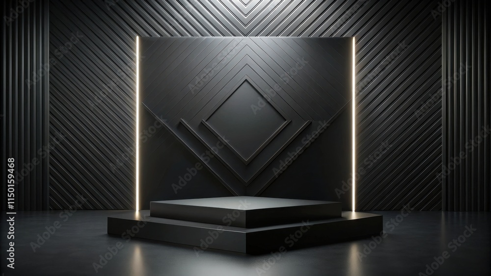Poster dark minimalist product display platform with geometric wall