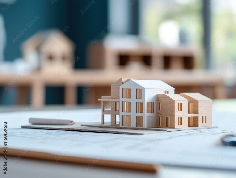 Poster housing mortgage demand concept. a detailed architectural model showcases multiple wooden structures