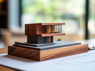 Obraz premium Housing mortgage demand concept. A detailed architectural model showcasing a modern design with wooden elements and large glass windows, placed on a work surface.