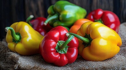 Colorful bell peppers arranged on burlap with a rustic wooden background