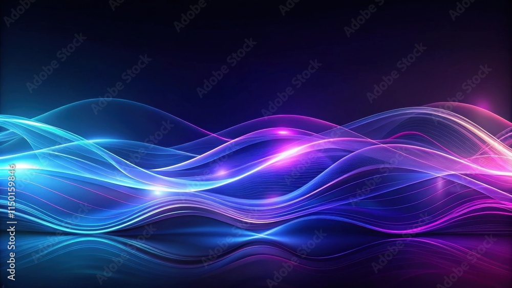 Poster abstract vibrant waveforms with glowing neon reflections in blue and purple hues