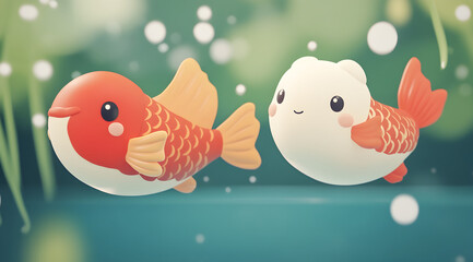 Two cute, cartoon-style fish swim together in a serene aquatic scene, featuring vibrant colors and a playful atmosphere.
