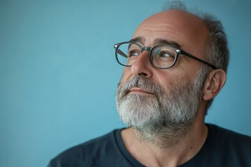 Obraz premium Thoughtful Man with Glasses and Beard Against Blue Background