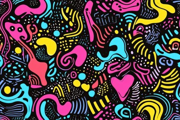 Fototapeta premium A vibrant pattern of colorful abstract shapes, neon squiggles, and playful dots evoking 