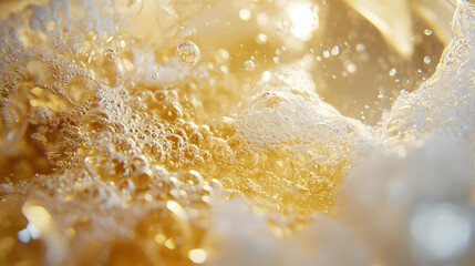 A close-up of frothy champagne being poured into a crystal glass with golden bubbles catching the light.