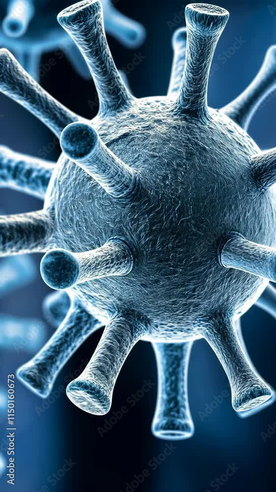 Poster virus particle structure observed under a microscope showcasing intricate details of surface spikes