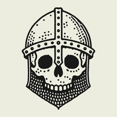 skull wearing a warrior helmet, medieval style illustration