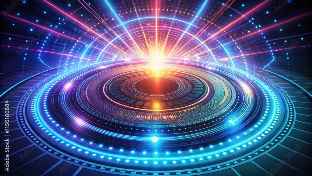 Poster abstract futuristic technology interface with vibrant glowing lights and circular design elements