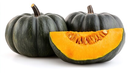 Two whole dark green pumpkins and a slice showing vibrant orange flesh, isolated on white.