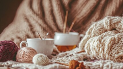 A local knitting club working together on a project to create blankets for a nearby shelter, sitting in a cozy room surrounded by yarn, needles, and cups of tea, showcasing camaraderie and care. 