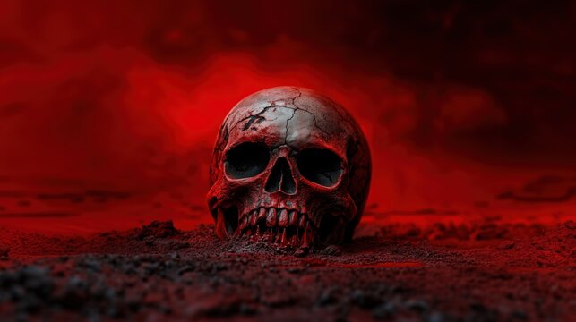 A cracked human skull resting on dark soil with a blood-red misty background, symbolizing death, decay, and an eerie atmosphere.