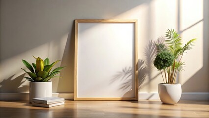 Sunlight illuminates a minimalist room featuring a blank poster frame, potted plants, and a stack of books