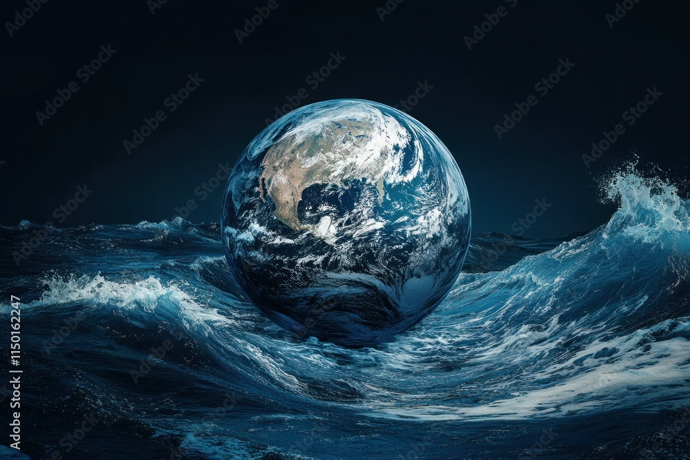 Poster abstract digital globe floating in ocean waves