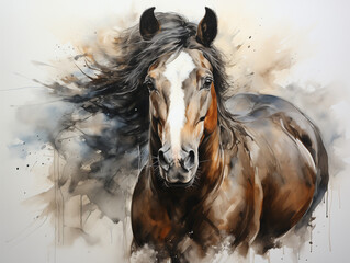 Aquarelle artistique cheval au galop
