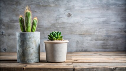 A vibrant green cactus and succulent plant stand in their grey pots on a rustic wooden table against a textured grey background.