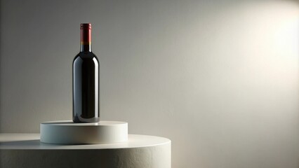 A single bottle of red wine displayed on a minimalist pedestal against a neutral backdrop