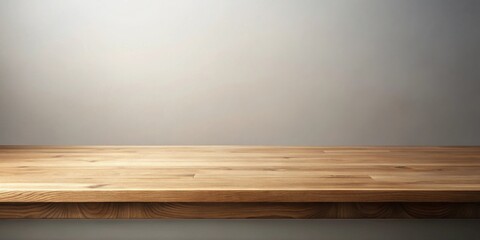 Empty light brown wooden table against a neutral wall background, perfect for product display or showcasing your design.