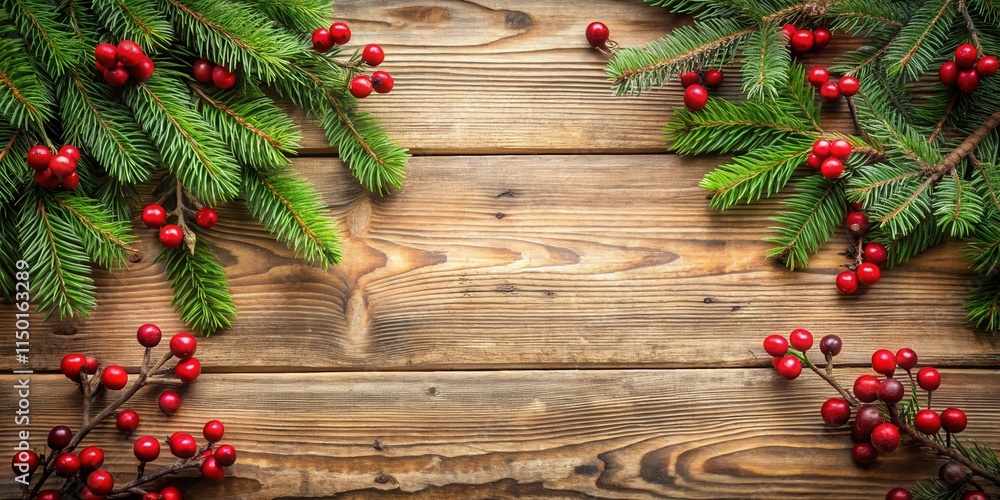 Poster rustic wooden background with festive evergreen branches and red berries