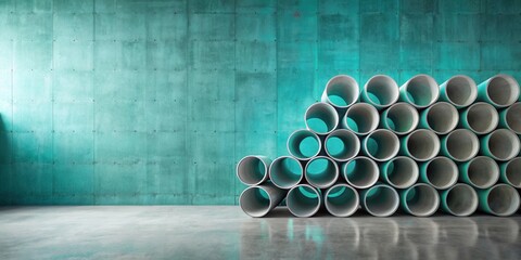 Abstract industrial interior design with stacked cylindrical forms against a teal wall