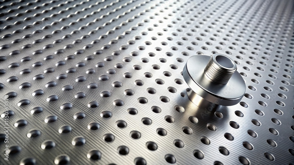 Poster close-up of a metallic component resting on a perforated metal surface
