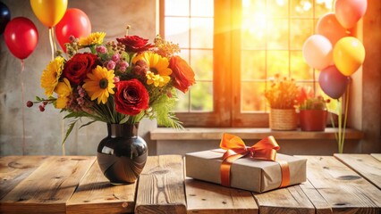 A vibrant bouquet of red and yellow flowers in a black vase sits on a rustic wooden table, a wrapped gift with an orange bow rests beside it, bathed in the warm light of a sunny window.