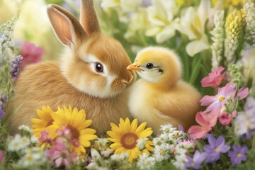 Charming Fluffy Bunny and Chick in a Flower Scene