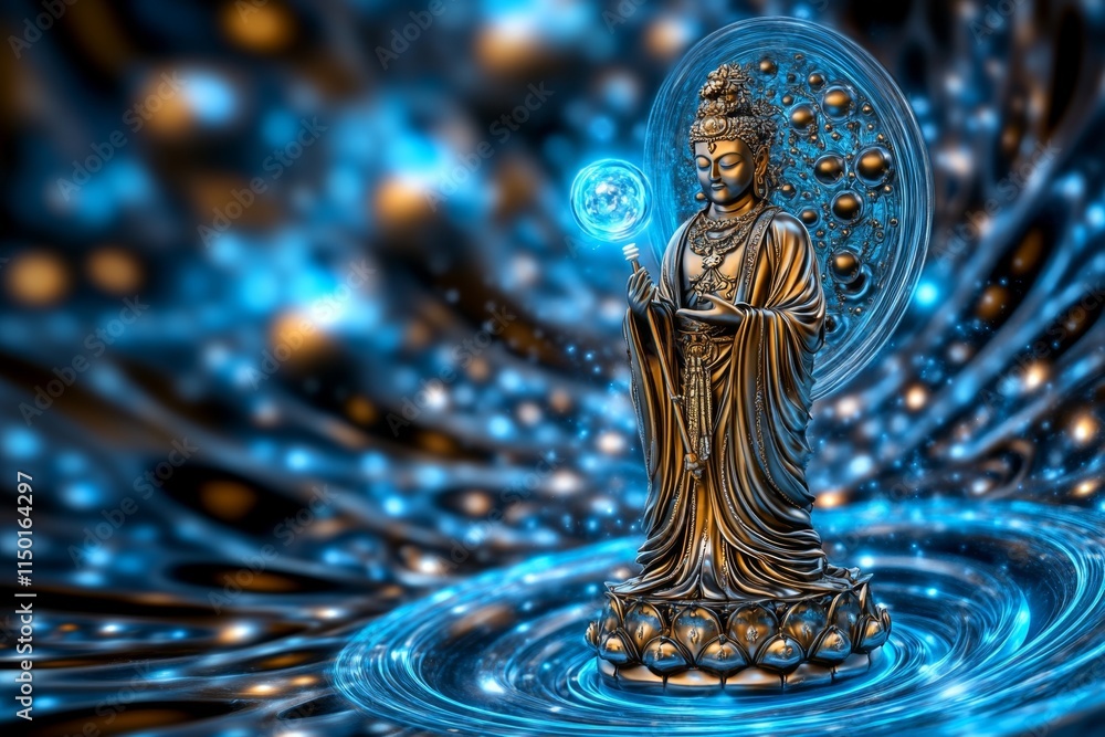 Poster A 3D-rendered divine figure holding a glowing staff, surrounded by floating orbs of light and standing on a radiant platform in a cosmic setting