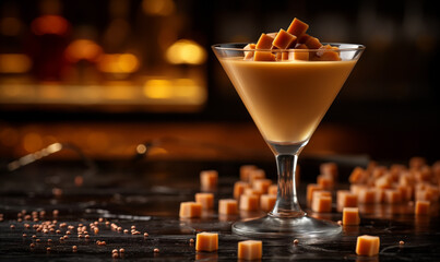 Caramel cocktail on dark marble background. Sweet and salty caramel cocktail, with toffee candies. Salted caramel creamy martini drink.