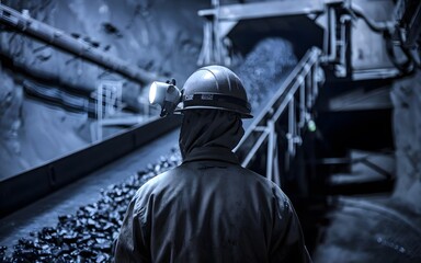 A photo of a coal miner standing near a conveyor belt with their back turned