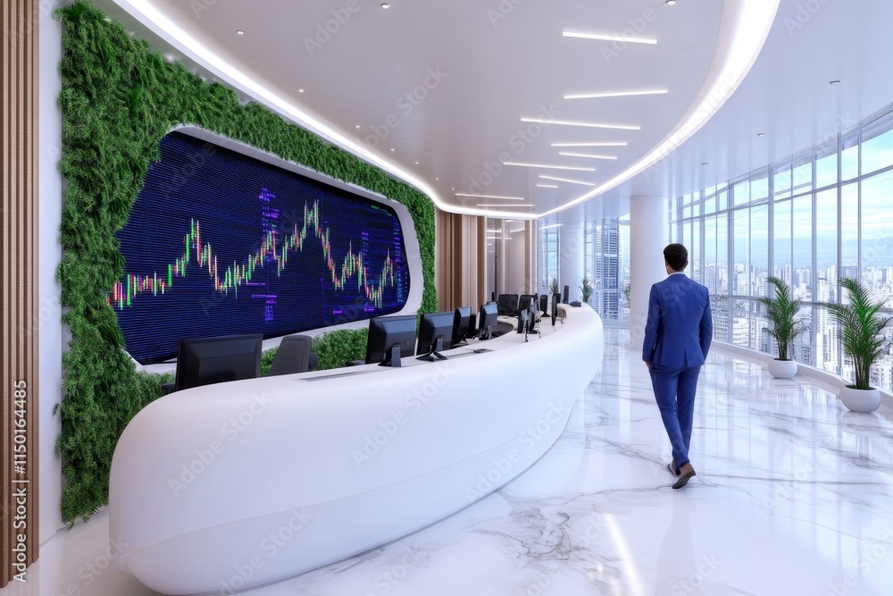 Poster a 3d-rendered image of an ultra-modern trading room with holographic currency charts and futuristic 
