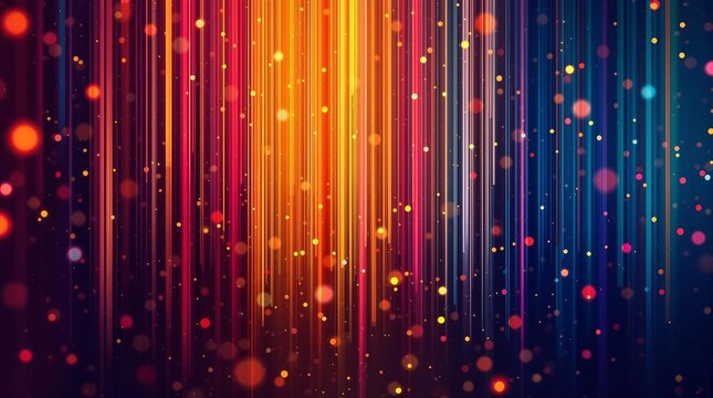 vibrant abstract background with vertical lines in various colors, including red, orange, yellow, and blue, interspersed with glowing bokeh lights, creating a dynamic and visually appealing effect