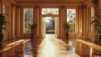Golden hour graces this opulent hall, casting sunbeams across the polished floors. Sunlight streams through expansive windows, illuminating the grandeur.