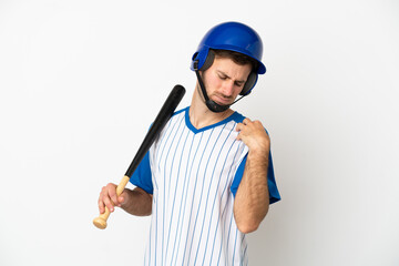 Young caucasian man playing baseball isolated on white background suffering from pain in shoulder for having made an effort