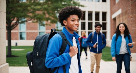 Obraz premium Black teenage boy carrying backpack on campus wearing blue jacket