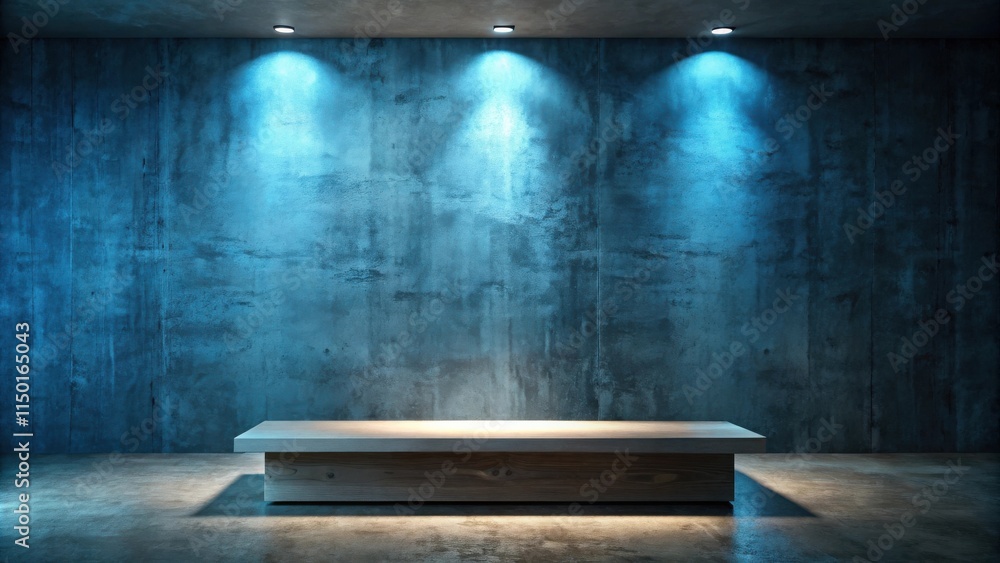 Aufkleber empty product display platform in a modern industrial setting with blue lighting