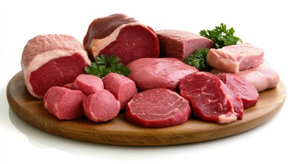 Assorted raw cuts of beef on a wooden platter, showcasing different textures and sizes, ready for cooking or grilling with fresh herbs.