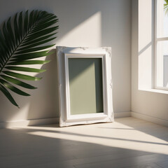 3D mockup white frame with flower vase and green leaves