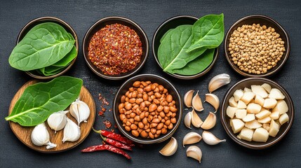 Assorted bowls of healthy ingredients featuring spinach, garlic, beans, quinoa, seeds, and chili on a dark background for cooking inspiration.