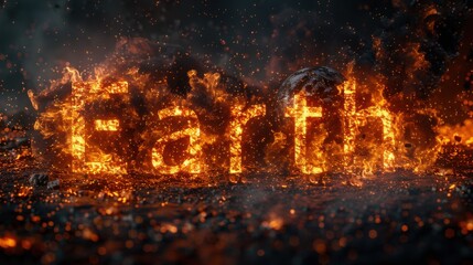 Earth in Flames: A dramatic and apocalyptic depiction of the word "earth" engulfed in flames, symbolizing destruction, chaos, and the fragility of our planet.
