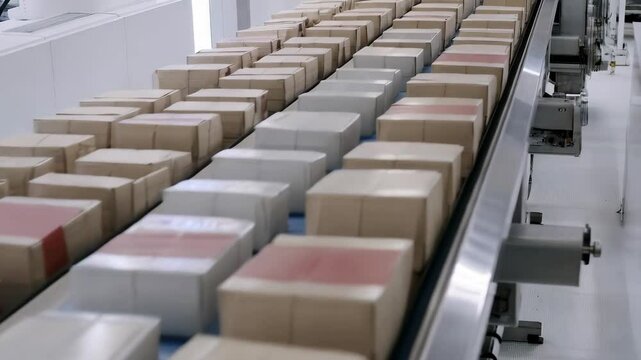 Automated conveyor belt with moving cardboard boxes in a distribution center