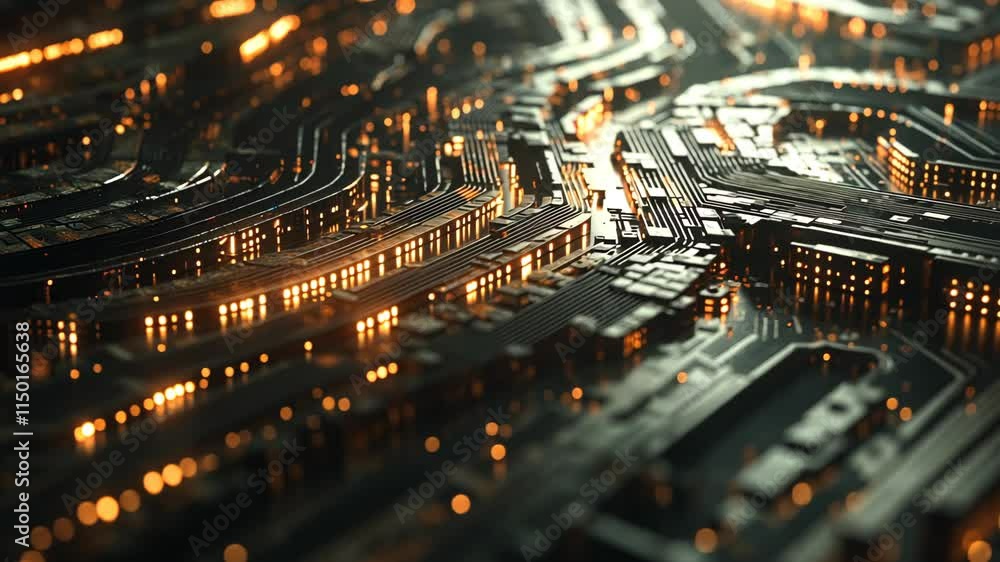 Aufkleber complex circuit board design illuminated by a warm glow in a modern technology environment
