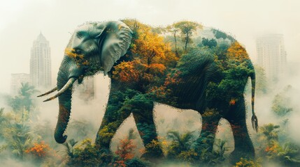 Double exposure of elephant walking through autumnal forest and city skyline.