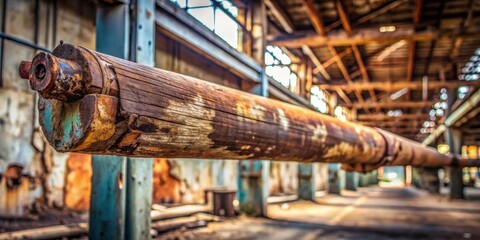 A weathered wooden industrial beam, showing signs of age and decay, rests within a derelict factory building, bathed in sunlight