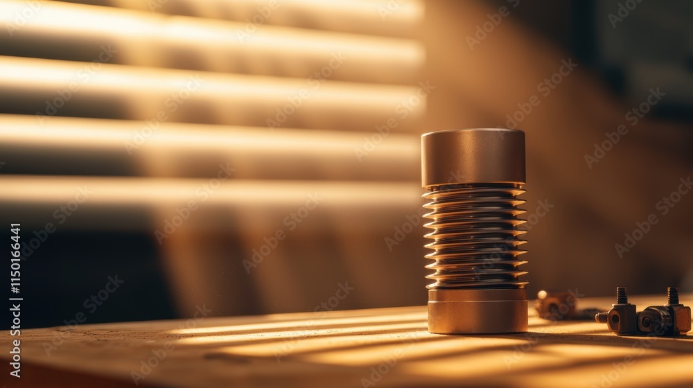 Poster mechanics repair of engine durability concept. a metallic object with grooves sits on a wooden surfa
