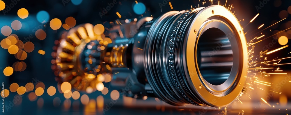 Poster mechanics repair of engine durability concept. a close-up view of a metallic turbine component, show