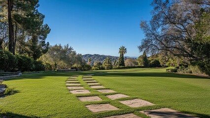 Stone pathways meander through emerald green lawns, leading to a breathtaking panoramic view. A place of serenity and sophistication.